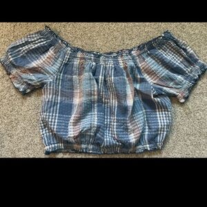 American Eagle Outfitters Blue Plaid Off-Shoulder Top